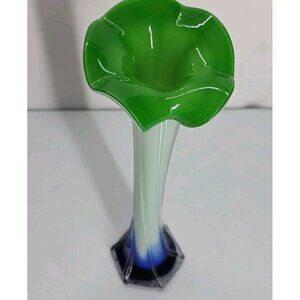 VTG Jack In The Pulpit Calla Lilly Vase Swung Art Glass 16" Green Cobalt ...
